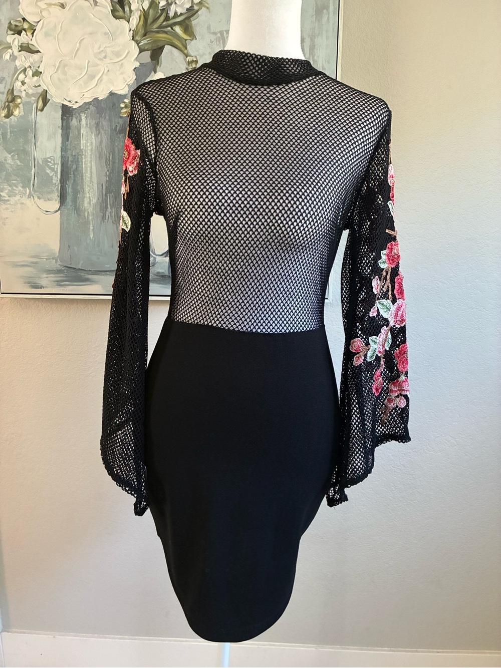 Seek The Label Black Mesh Embroidered Floral Bell Sleeve Bodycon Dress -Small